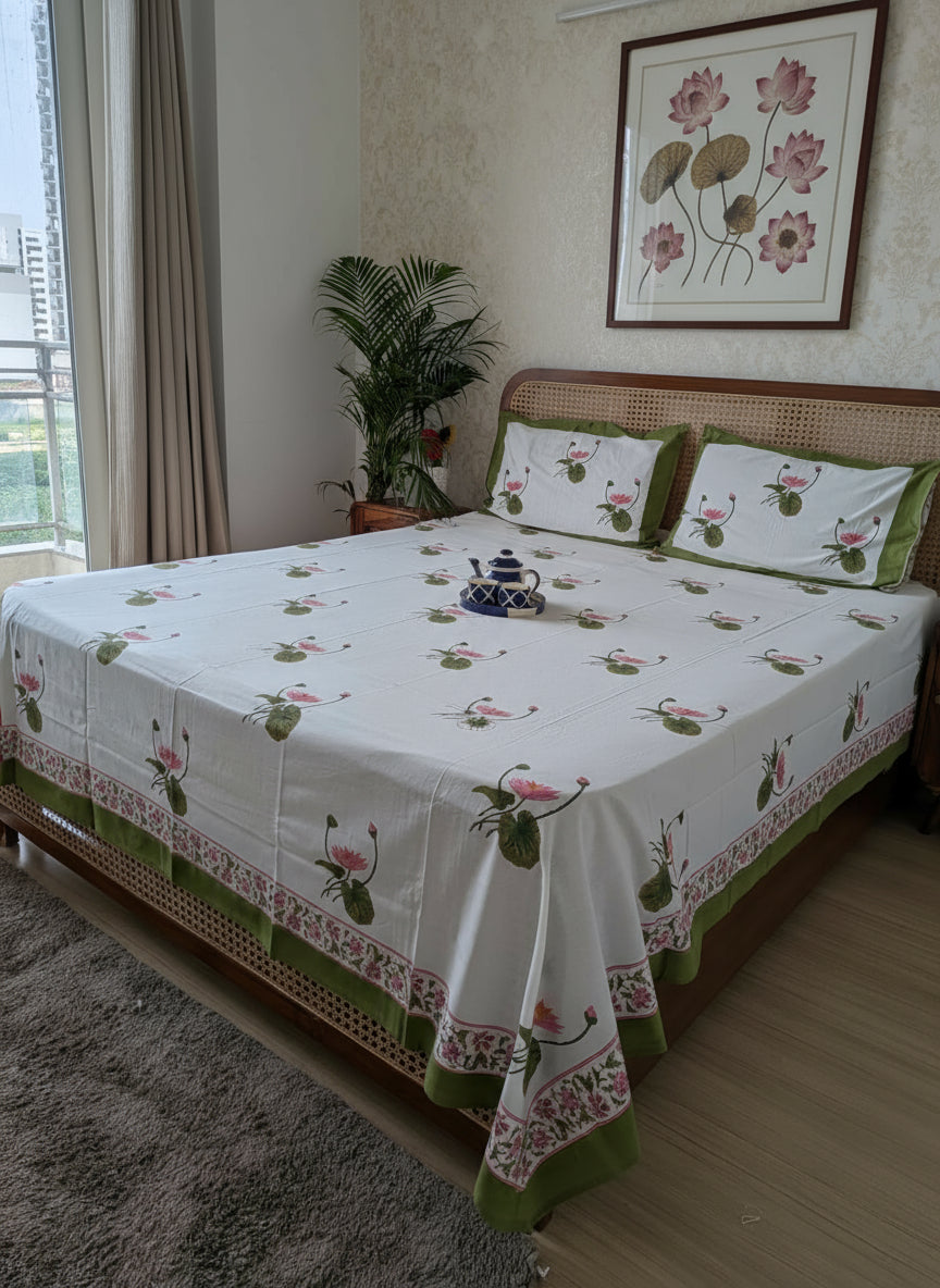 Bedroom with a bed covered in a floral-patterned bedsheet, pillows with lotus motifs.
