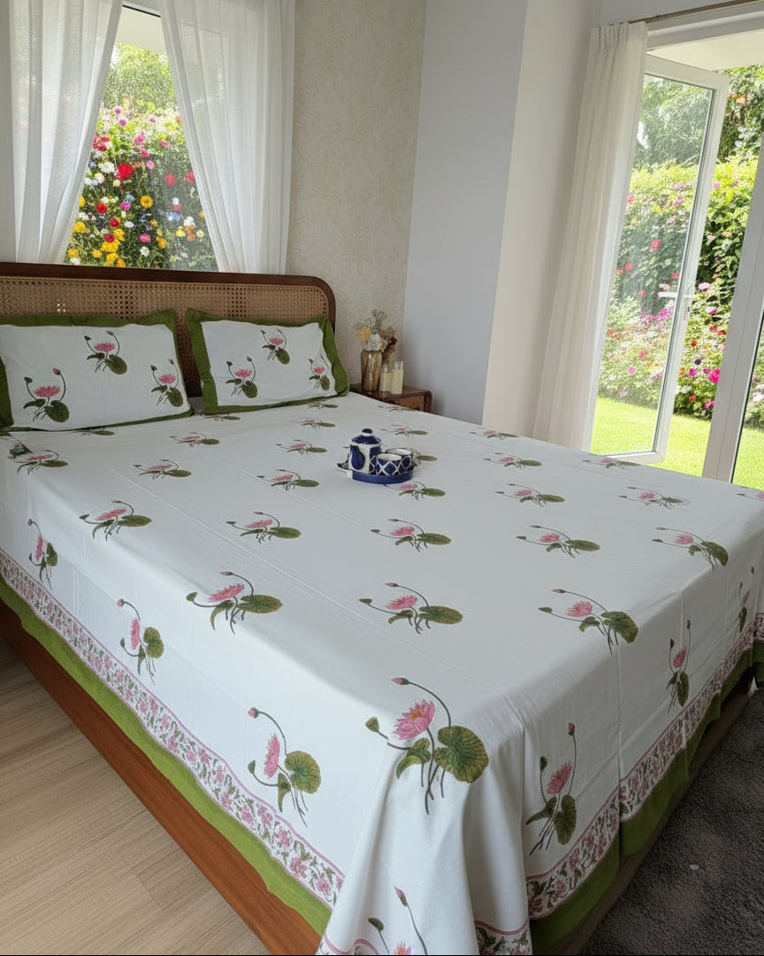 Bed with floral patterned bedsheet and pillows in a room.