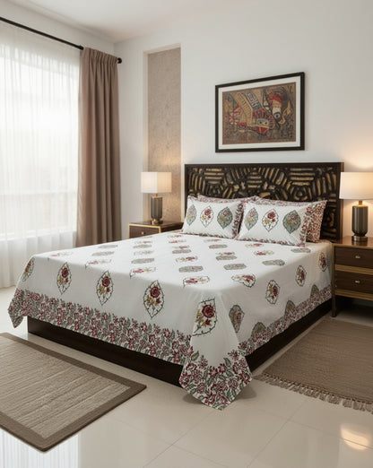 Bedroom with floral-patterned bedspread and decorative pillows