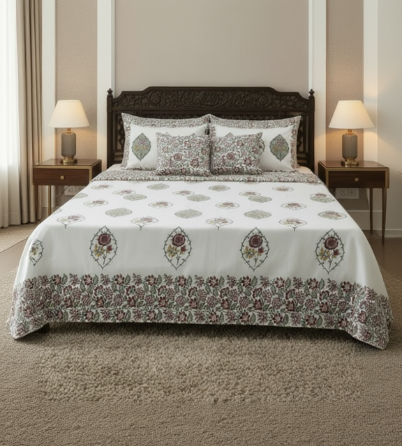 Bed with floral-patterned bedding in a bedroom setting