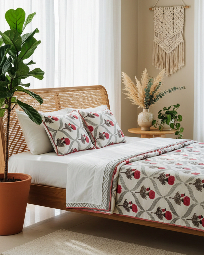 Kesariya pink reversible Mulmul cotton dohar – styled view
