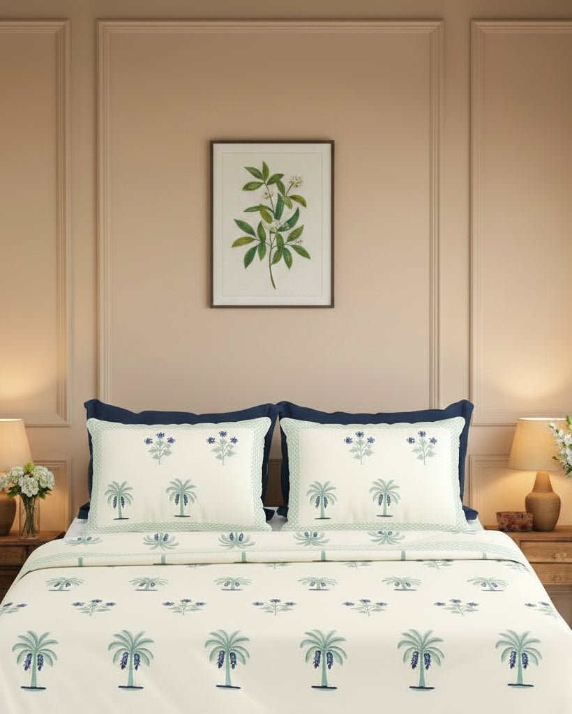 A neatly made bed in a styled bedroom setting, featuring a cream-colored duvet cover and matching pillowcases printed with blue palm trees and floral motifs. The bed is flanked by two wooden nightstands with lit table lamps, and a large arched wooden headboard is mounted on the wall behind.