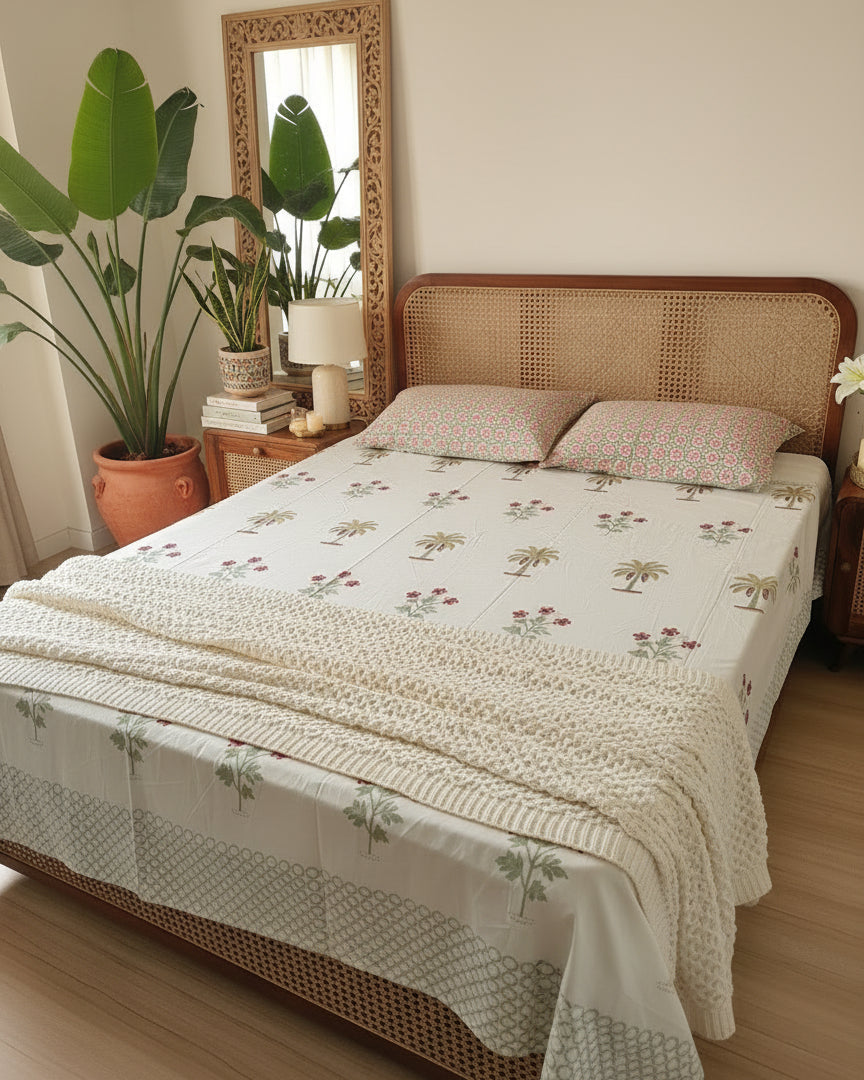 Ketaki olive floral pure cotton bedsheet – styled on a bed