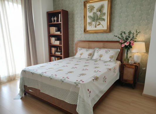 Bed with floral bedding in a bedroom setting