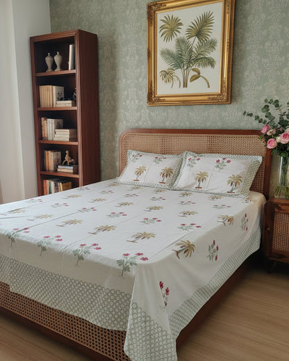Ketaki olive floral pure cotton bedsheet – styled on a bed