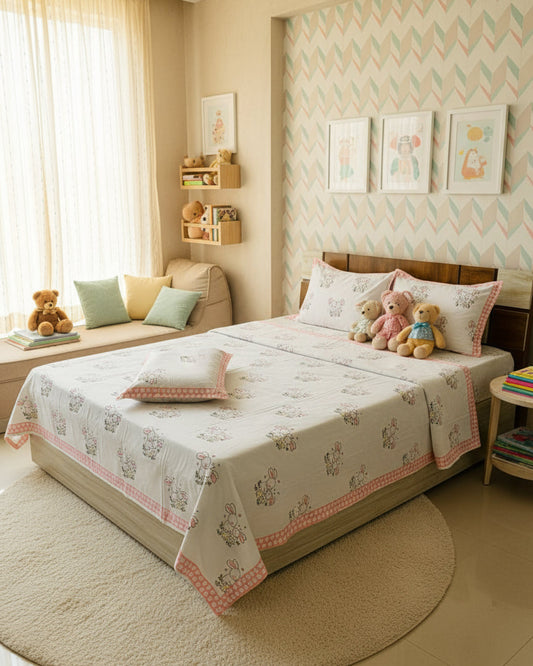 Khargosh hand block Soft Fine Cotton kids bedsheet – styled view