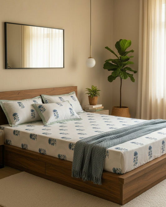 Bed with blue floral patterned bedsheet and pillows in a room.