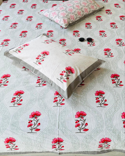 Komal grey floral pure cotton bedsheet – fabric close-up