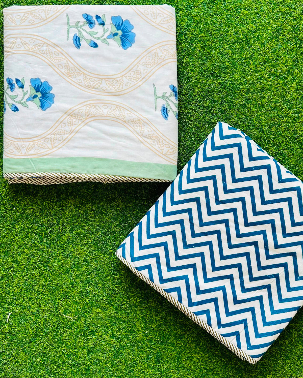 Wavy jaali stripe reversible mulmul cotton dohar with blue florals, mint border and a navy chevron reverse