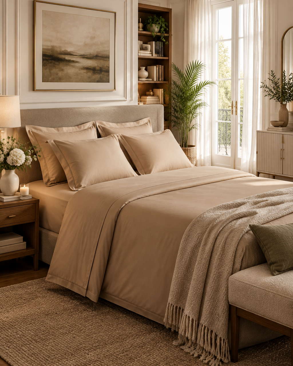 Kora - Solid Sateen Cotton Bedsheet | Beige bedsheet styled on the left side of the bed