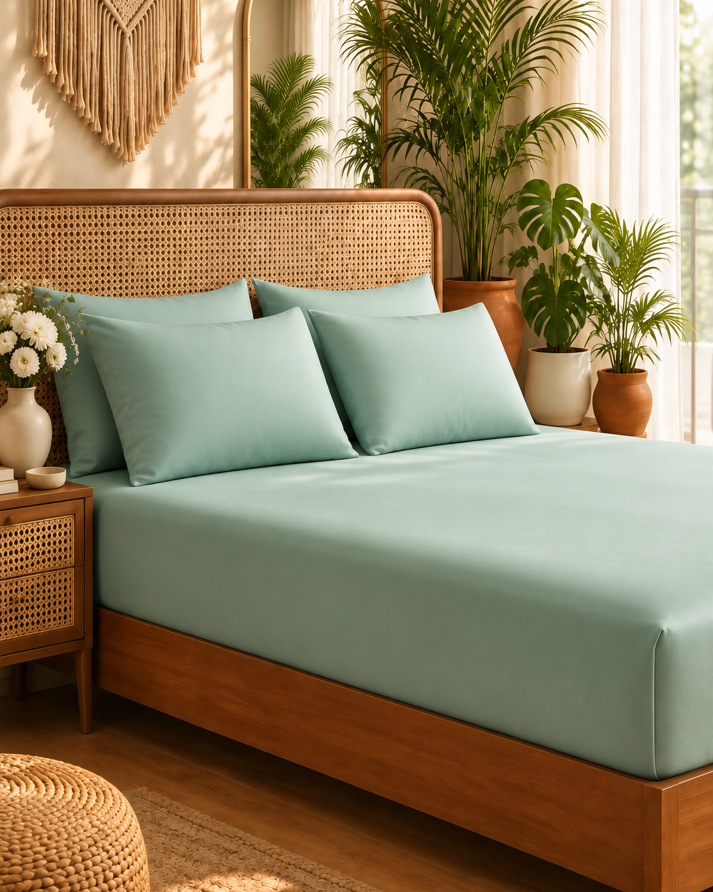 Kora - Solid Sateen Cotton Bedsheet | Mint bedsheet print close-up