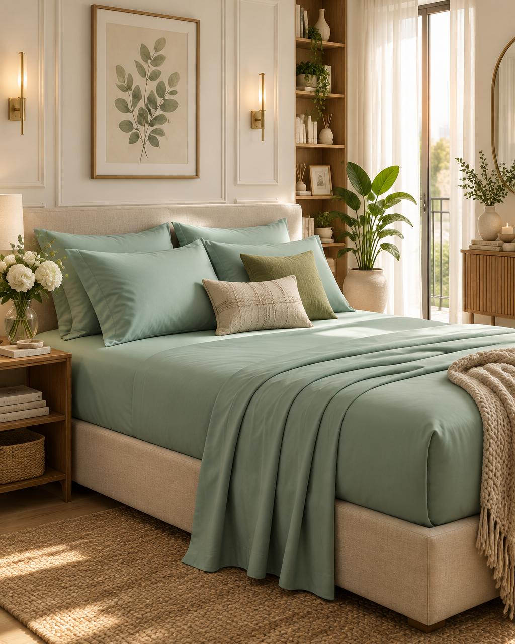 Kora - Solid Sateen Cotton Bedsheet | Mint bedsheet styled on the right side of the bed