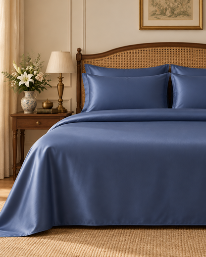 Kora - Solid Sateen Cotton Bedsheet | Blue bedsheet styled on a bed