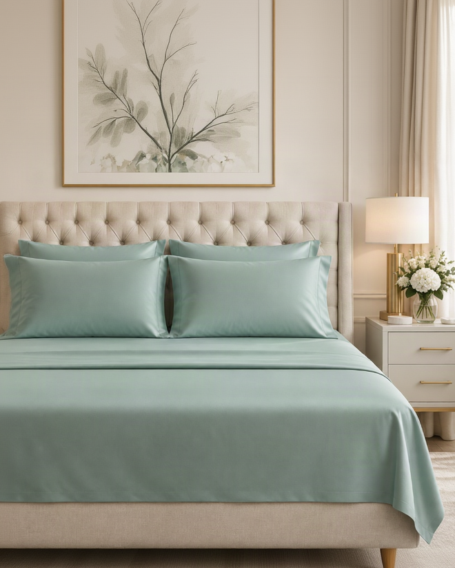Kora - Solid Sateen Cotton Bedsheet | Mint bedsheet styled on a bed