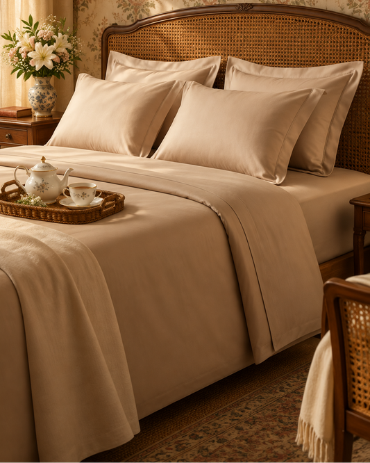 Kora - Solid Sateen Cotton Bedsheet | Beige bedsheet styled on the right side of the bed