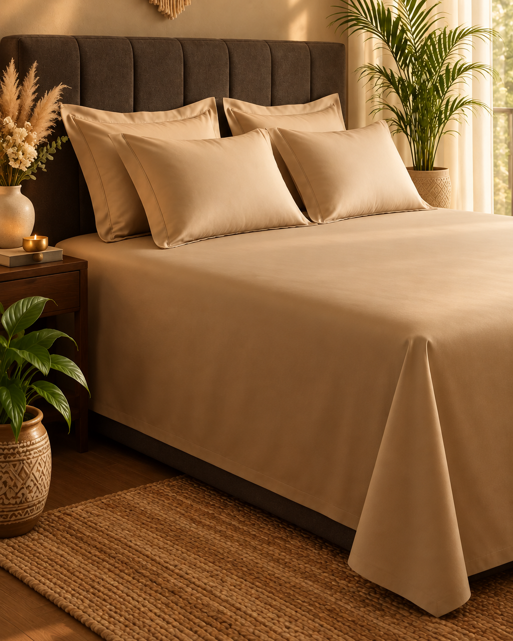 Kora - Solid Sateen Cotton Bedsheet | Beige bedsheet fabric close-up