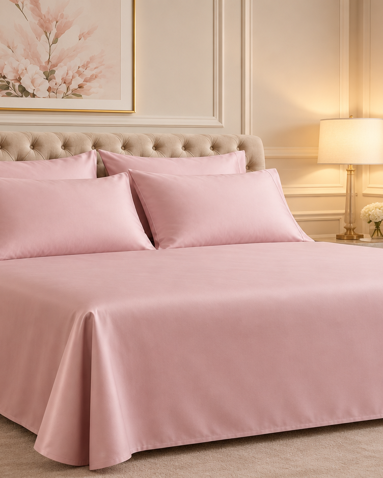 Kora - Solid Sateen Cotton Bedsheet | Cameo Rose bedsheet styled on a bed