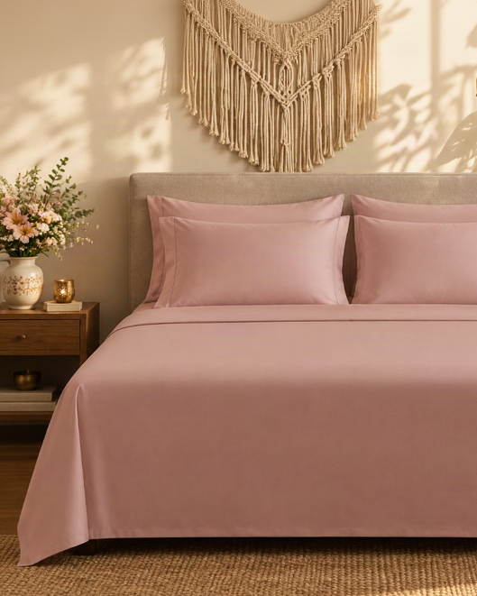 Kora - Solid Sateen Cotton Bedsheet | Cameo Rose bedsheet styled on the left side of the bed