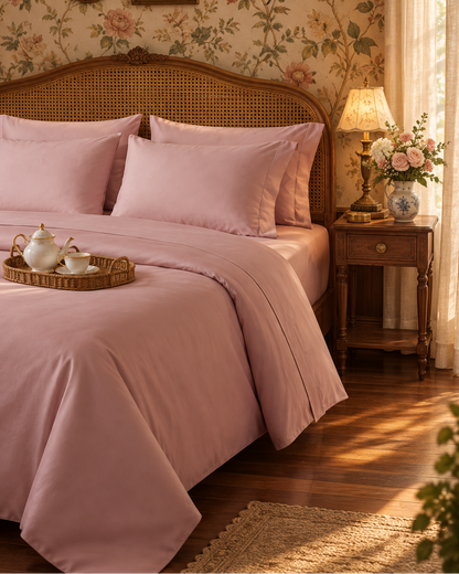 Kora - Solid Sateen Cotton Bedsheet | Cameo Rose bedsheet styled on the right side of the bed