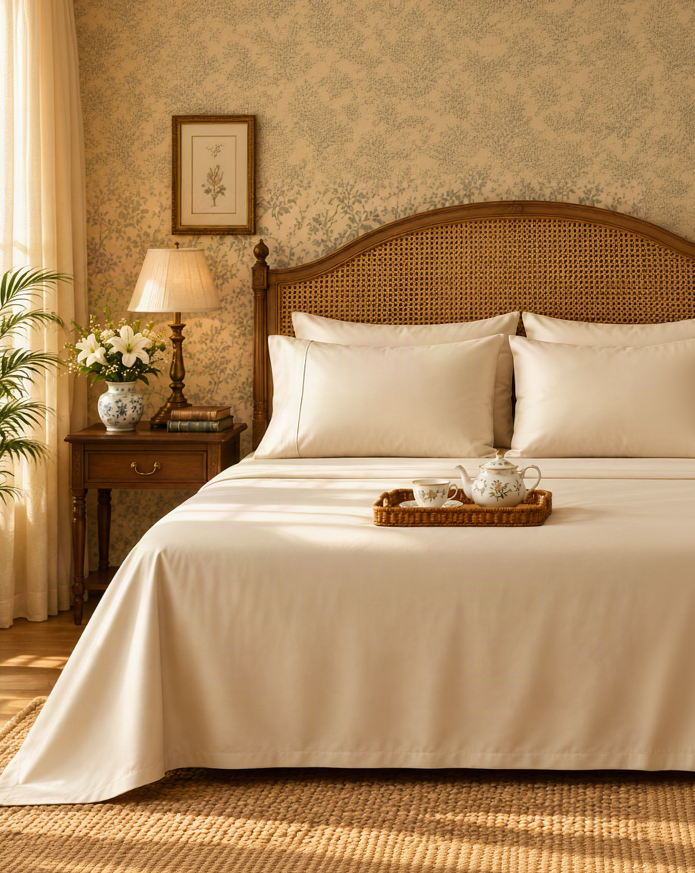 Kora - Solid Sateen Cotton Bedsheet | Champagne bedsheet styled on the left side of the bed