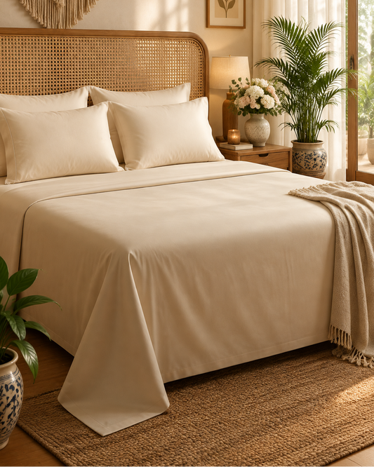 Kora - Solid Sateen Cotton Bedsheet | Champagne bedsheet styled on the right side of the bed
