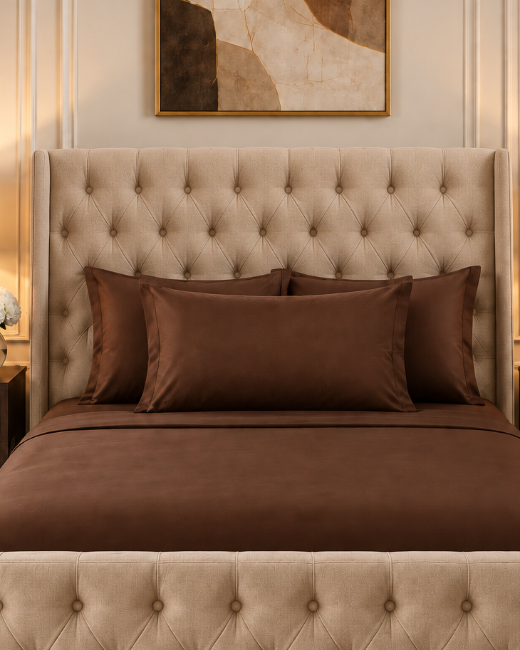 Kora - Solid Sateen Cotton Bedsheet | Coffee bedsheet styled on a bed