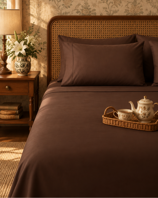 Kora - Solid Sateen Cotton Bedsheet | Coffee bedsheet styled on the left side of the bed