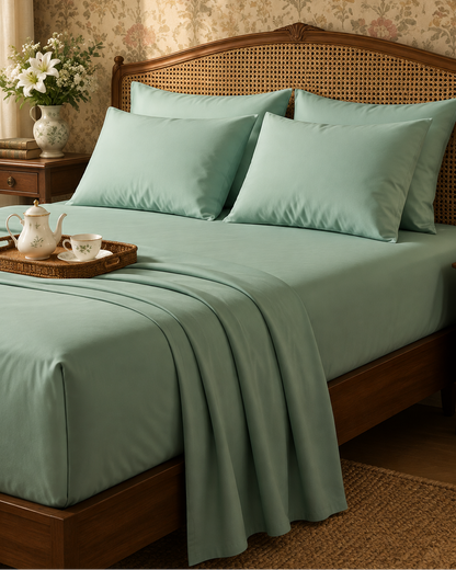 Kora - Solid Sateen Cotton Bedsheet | Mint bedsheet styled on the left side of the bed