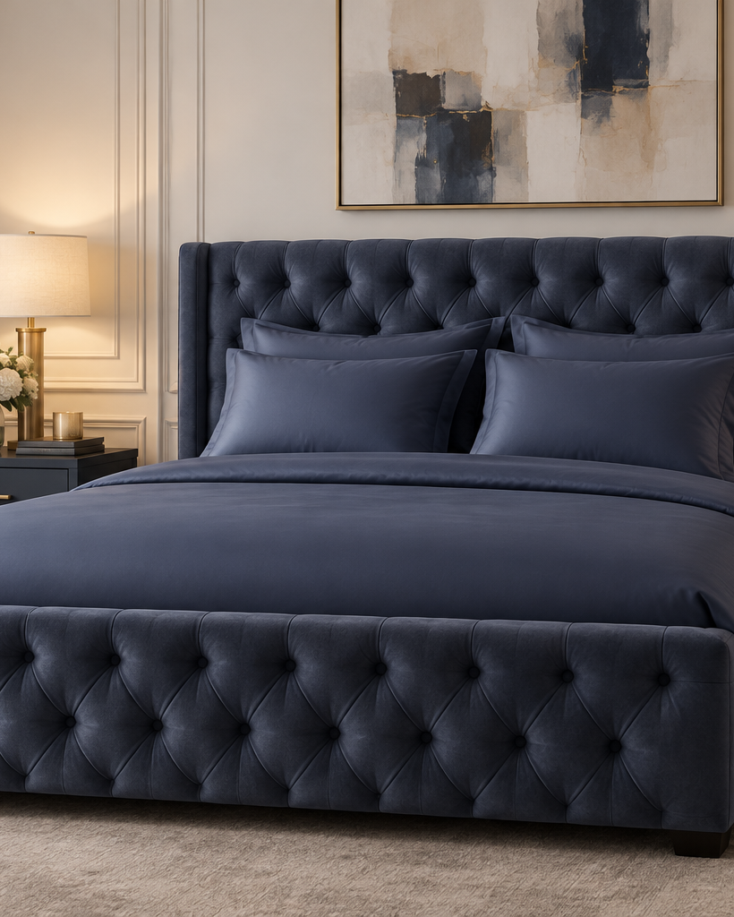 Kora - Solid Sateen Cotton Bedsheet | Blue bedsheet styled on a bed