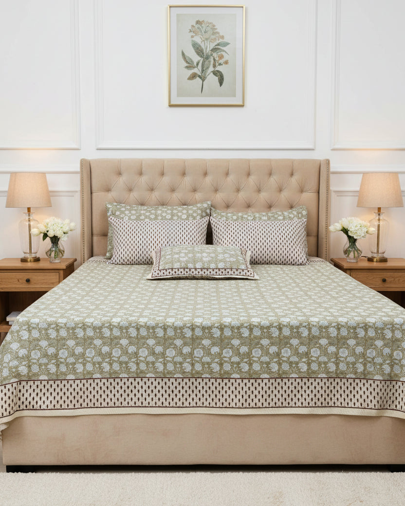 Kumud beige floral pure cotton bedsheet – front view