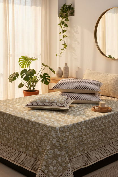 Kumud beige floral pure cotton bedsheet – pillow cover detail