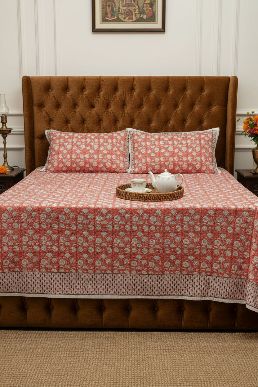 Kumud orange floral pure cotton bedsheet – front view