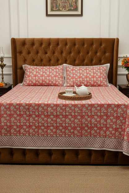 Kumud orange floral pure cotton bedsheet – front view