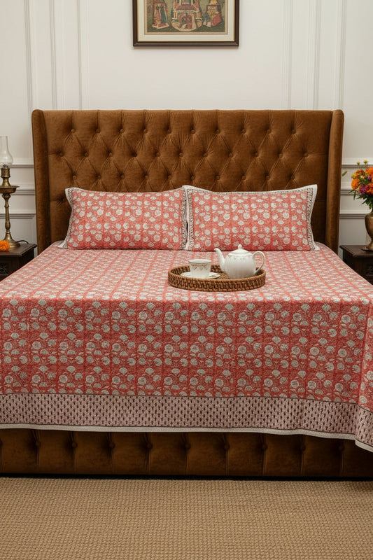 Kumud orange floral pure cotton bedsheet – front view