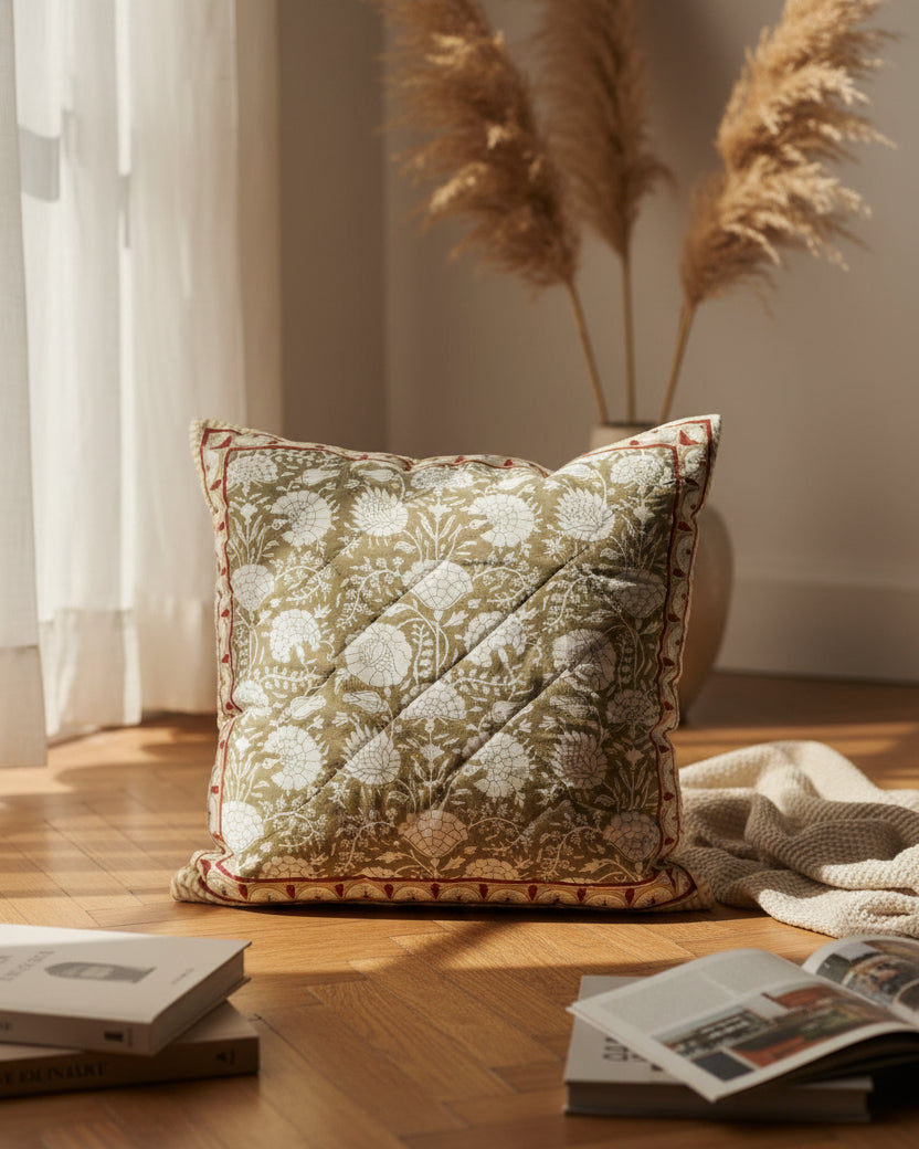 Kumud beige quilted cushion cover styled with an ivory floral print and patterned border