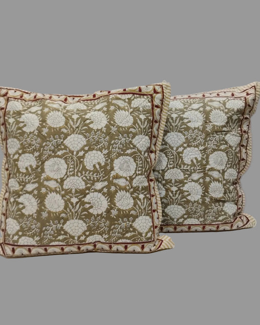 Pair of Kumud beige quilted cushion covers with ivory flowers and maroon border