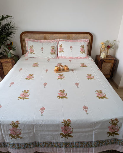 Kusum hand block Soft Fine Cotton bedsheet – front view with reversible pillow covers