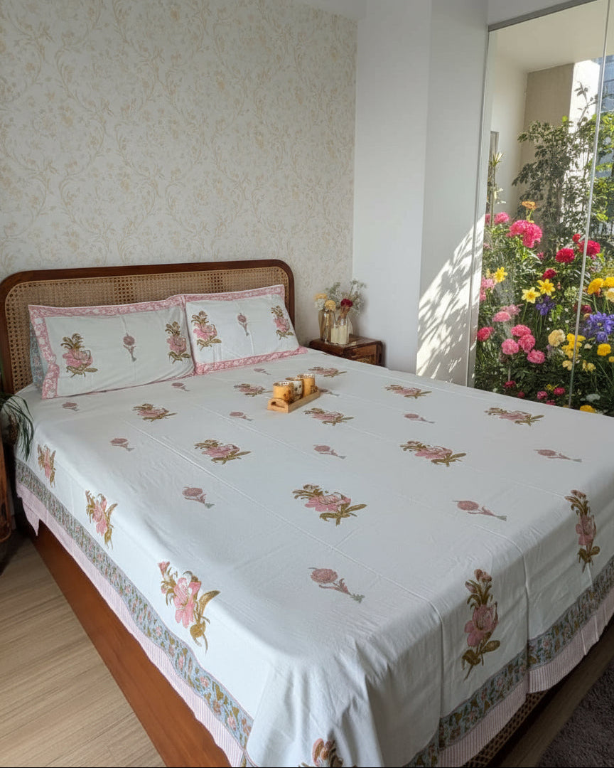 Bedroom with a bed featuring floral bedding and a wooden headboard.
