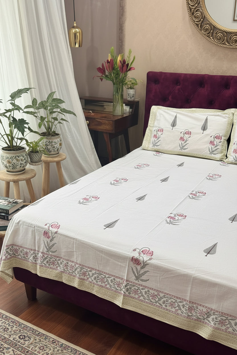 Bed with floral-patterned bedding in a bedroom setting