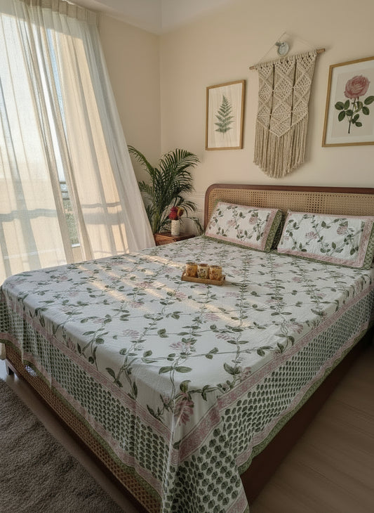 Bedroom with a bed covered in a floral-patterned bedsheet in white, pink and green with 2 reversible pillows