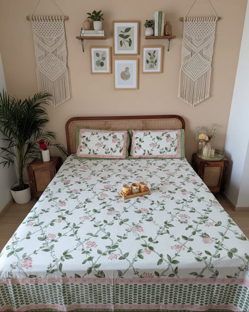 Bed with floral bedsheet in pink green and white with pillows in a bedroom setting.