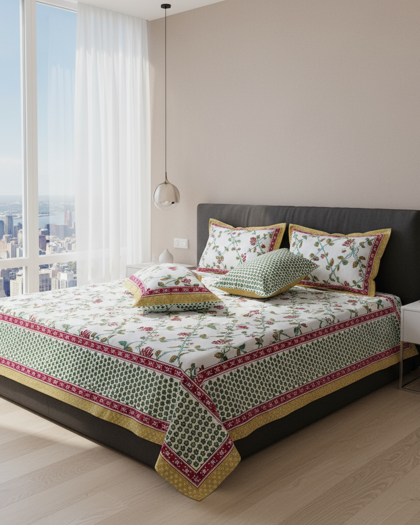 Bedroom with floral bedding and pillows by a large window with cityscape view.