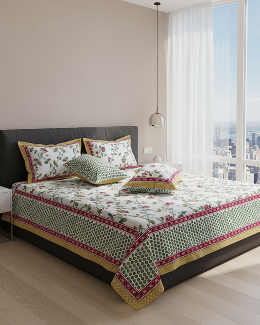 Bedroom with floral bedding and pillows by a large window with cityscape view.