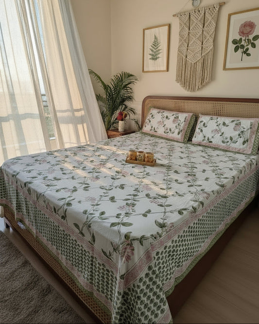 Bedroom with a bed covered in a floral-patterned bedsheet in white, pink and green with 2 reversible pillows