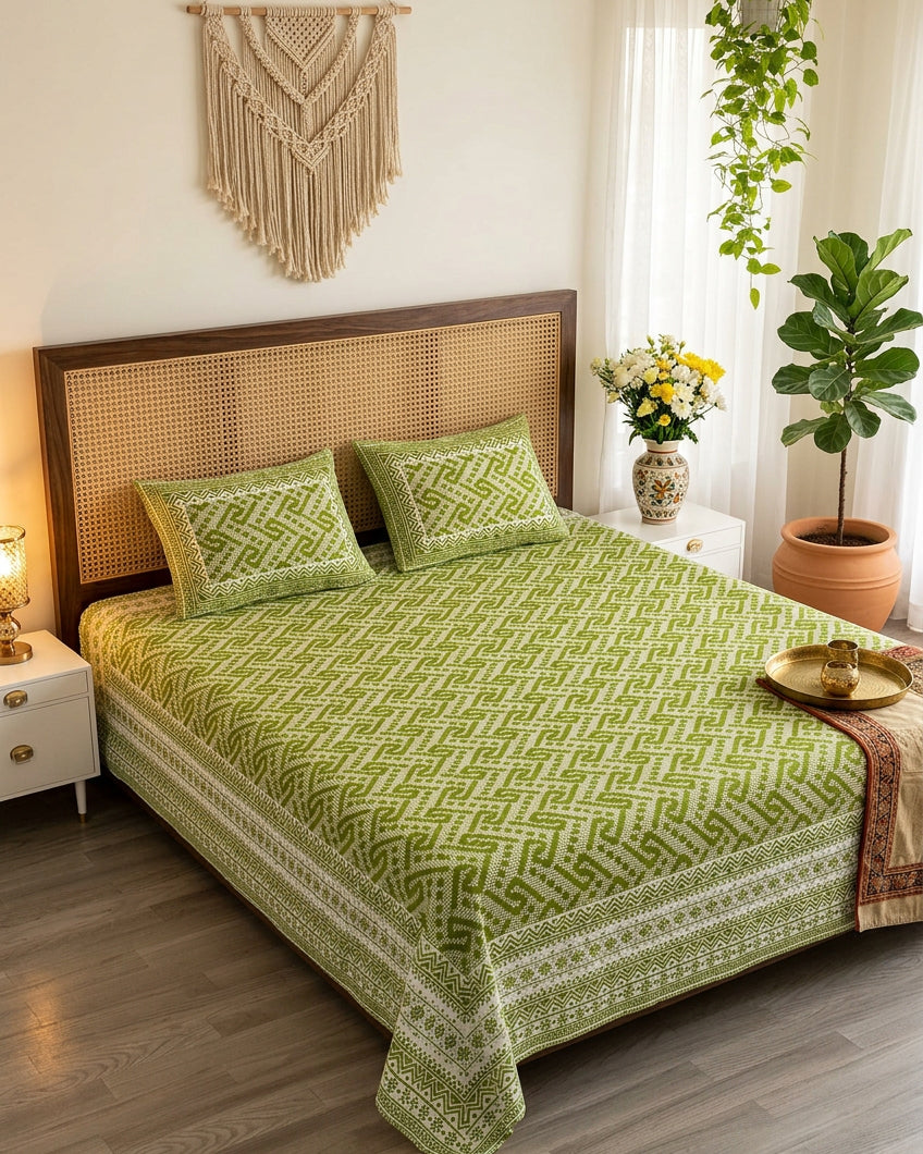 Leher Green bedsheet, leaf-green interlocking key-pattern print, on a bed with a cane-panel headboard with macramé