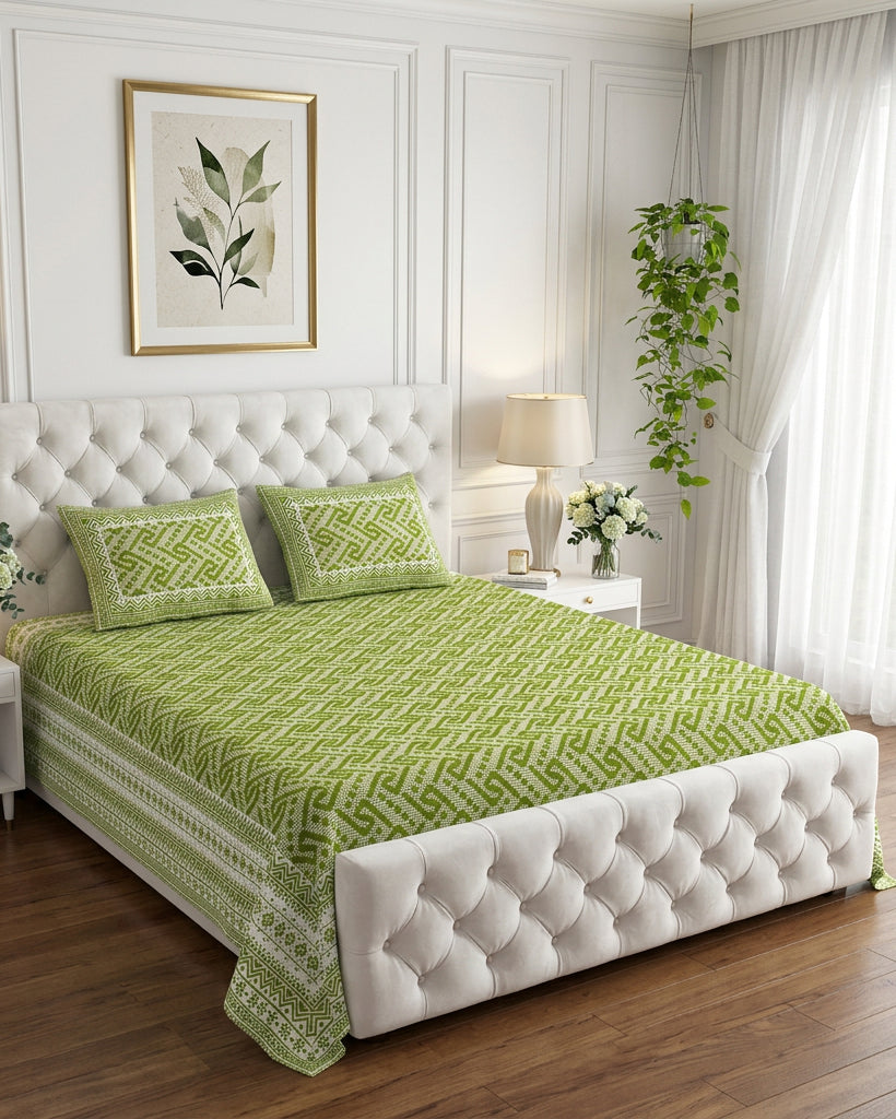 Leher Green bedsheet, leaf-green interlocking key-pattern print, on a tufted ivory bed