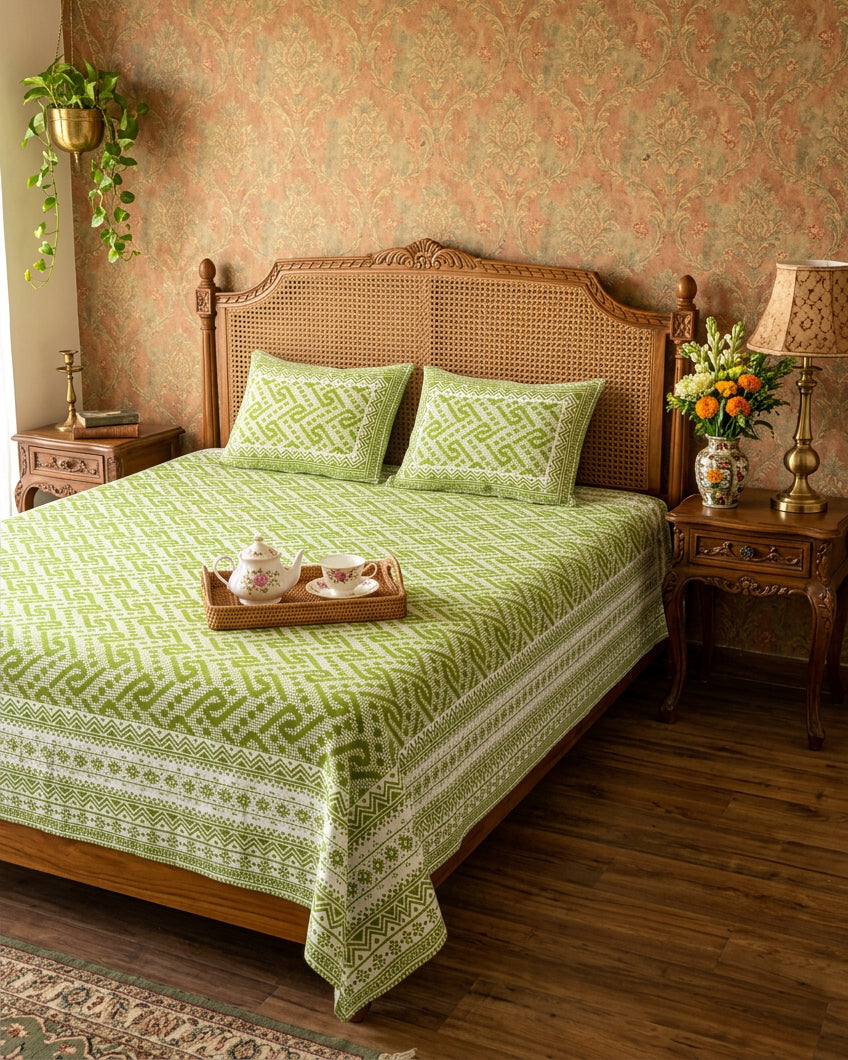 Leher Green bedsheet, leaf-green interlocking key-pattern print, on a bed with a cane headboard and a tea tray