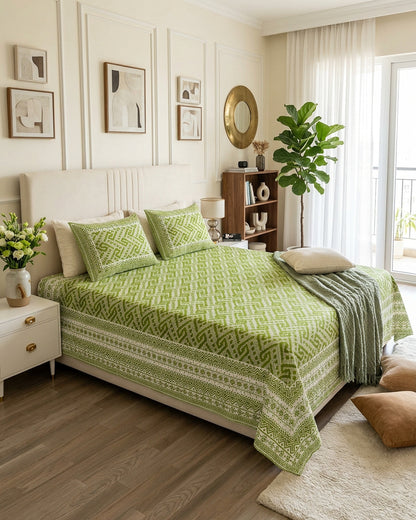 Leher Green bedsheet, leaf-green interlocking key-pattern print, in a bedroom with a grey throw