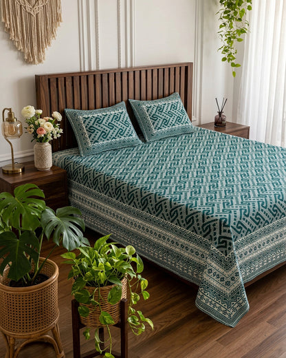 Leher Teal bedsheet, deep teal-green interlocking key-pattern print, on a bed with a slatted wood headboard with plants