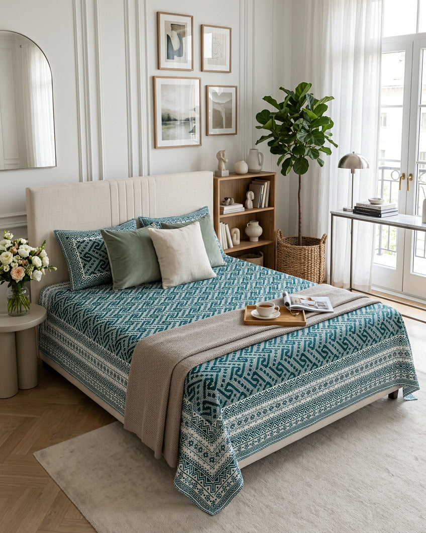 Leher Teal bedsheet, deep teal-green interlocking key-pattern print, in a bedroom with sage cushions and a taupe throw